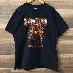 Vintage Friday the 13th 2005 Destination 13 Biker Black T Shirt Large Flames